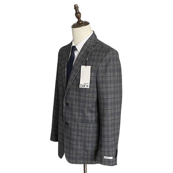 Bar III Men's 40 Long Blazer Slim Fit Stretch Grey & Blue Check NEW - Picture 2 of 11